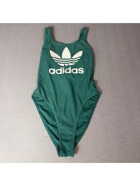 Adidas Womens Green Open Back High Leg Trefoil Logo One Piece Swimsuit Size S